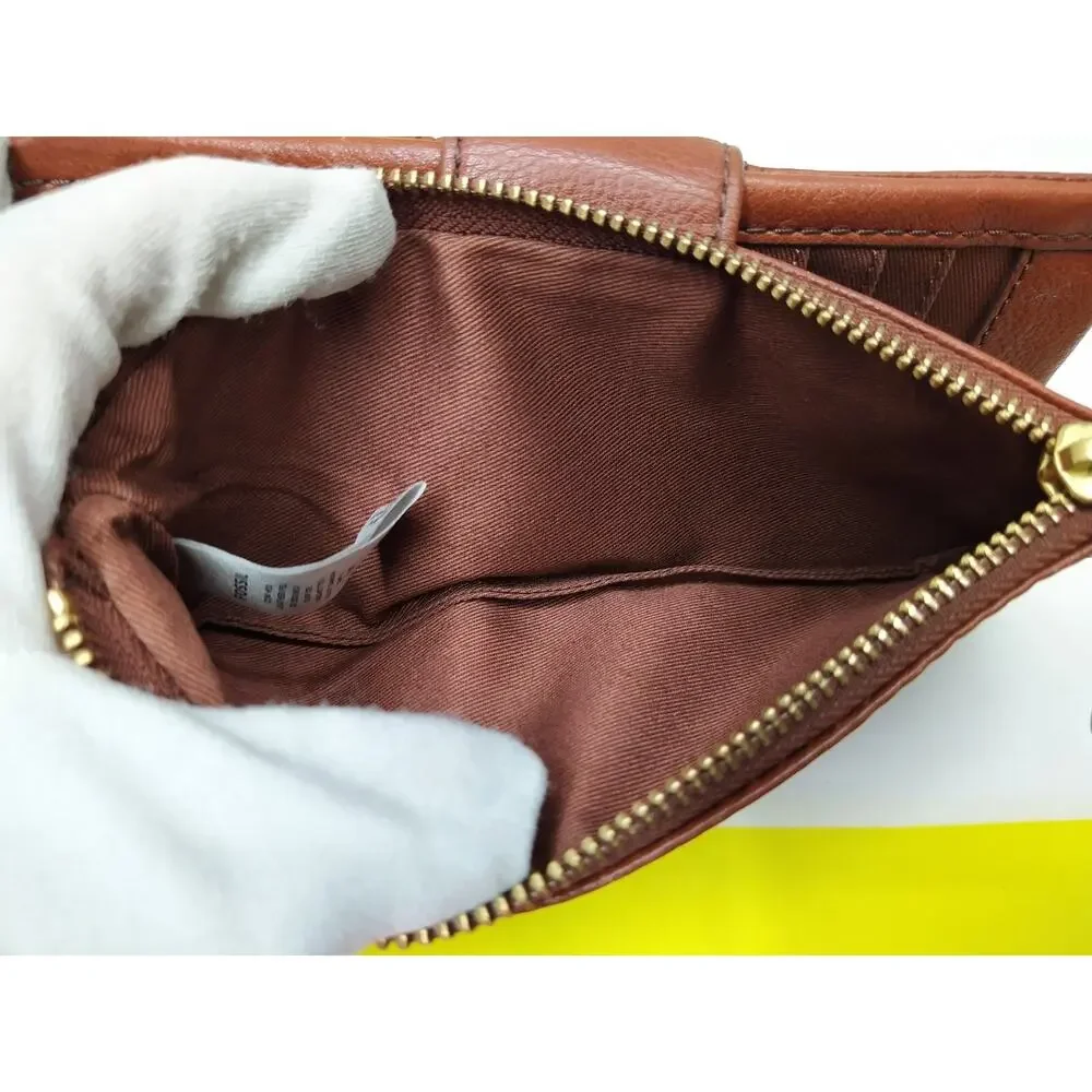 Fossil Ella Brown Leather Credit Card ID Window Zipper Bifold Wallet